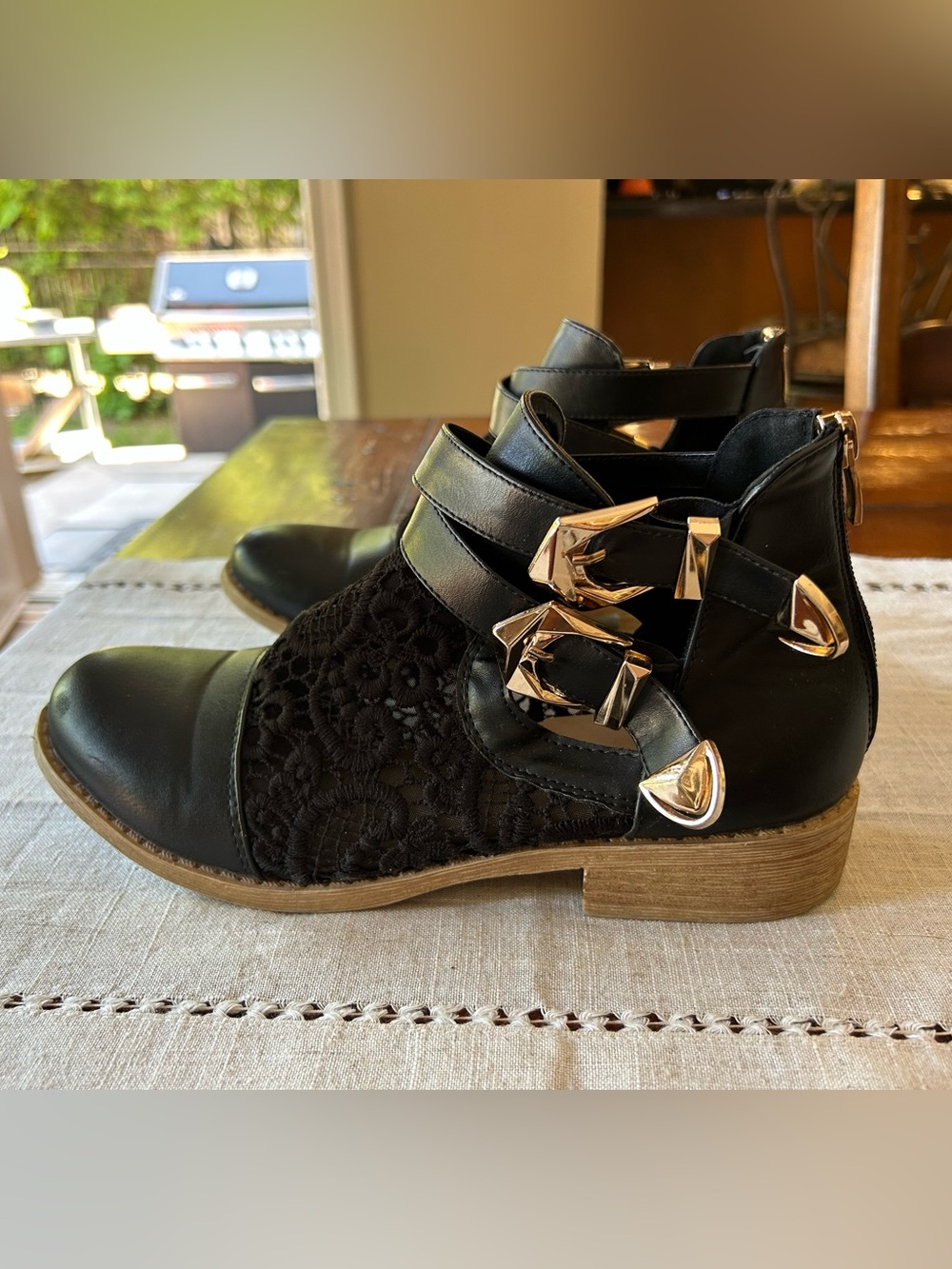 Black Leather & Lace Ankle Boots with Buckle Accents